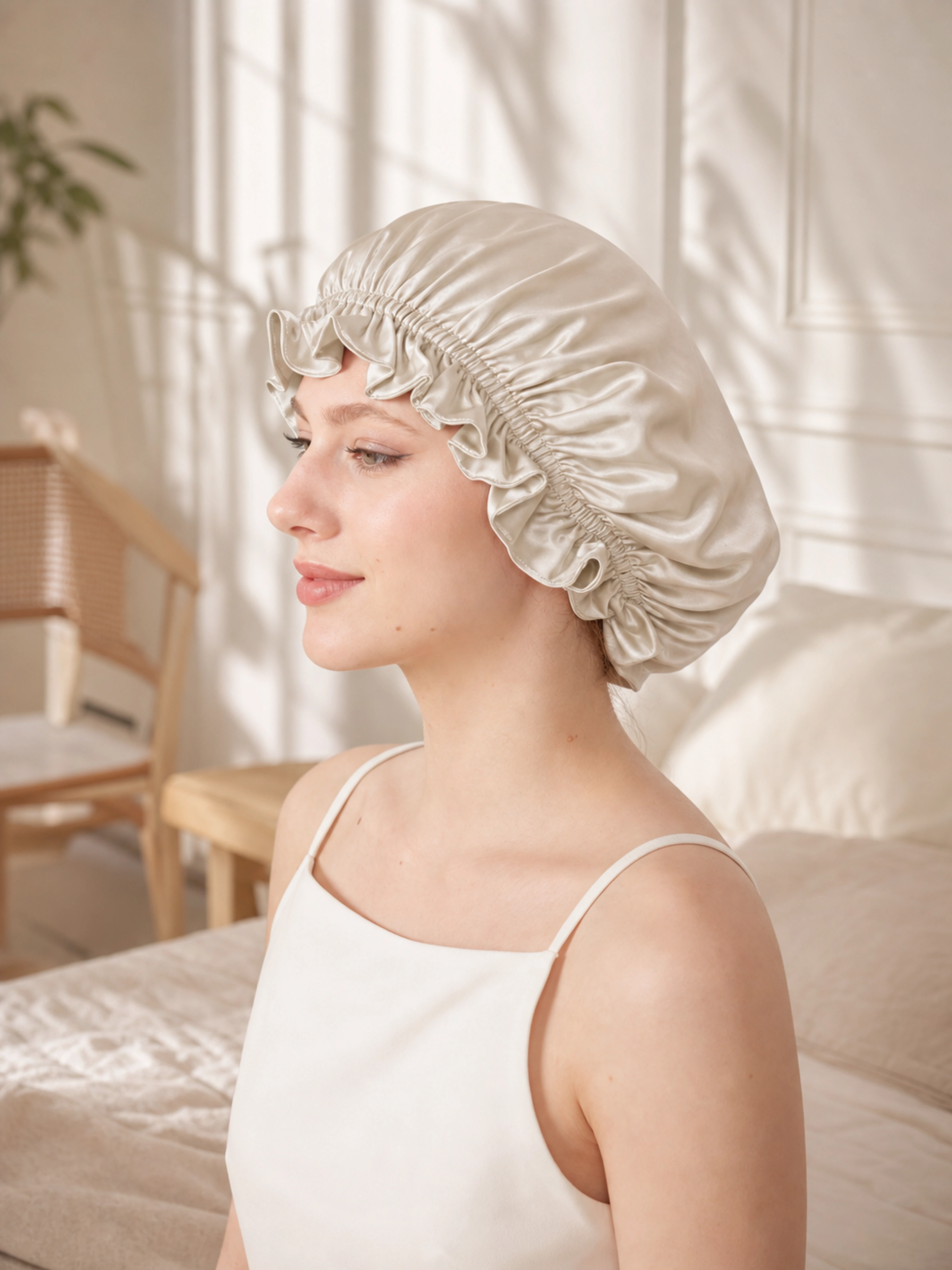 Muriersilk Ruffled Reversible Silk Bonnet - SilkRuffle — edge stitching detail — premium mulberry silk