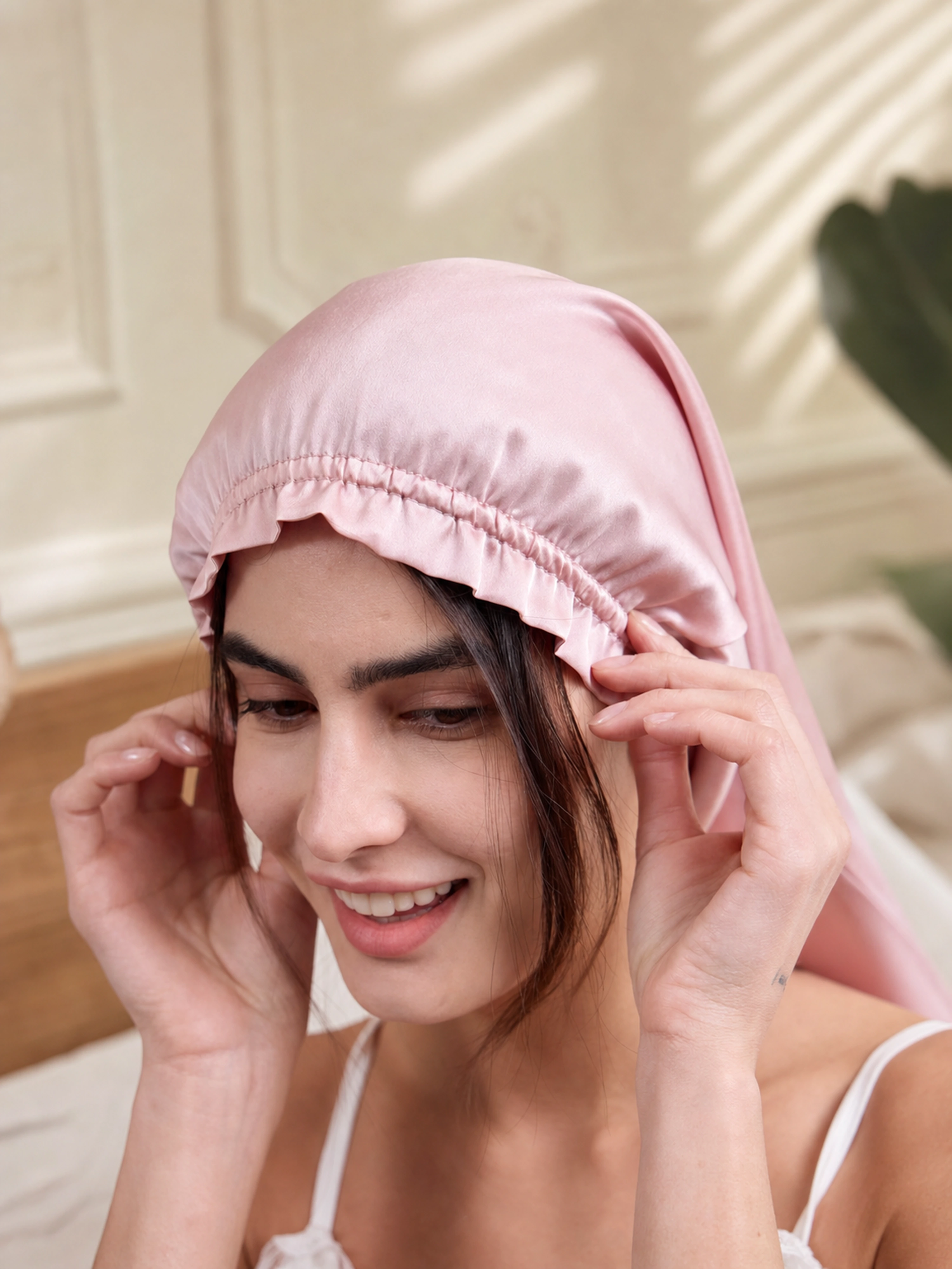 Muriersilk Long Ruffled Silk Turban - RuffleLong — open view — premium mulberry silk