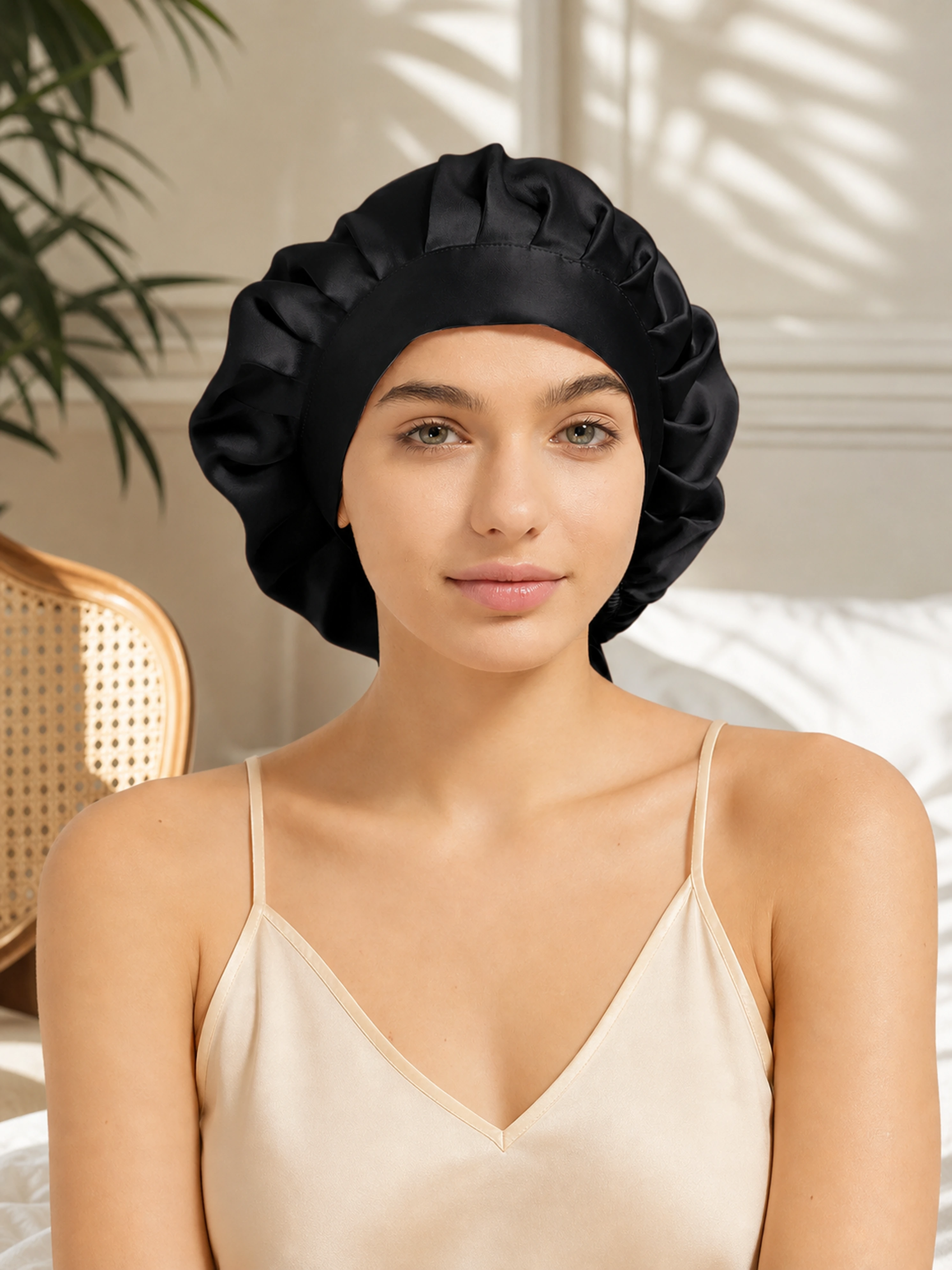 Muriersilk Back-Tie Silk Bonnet - SilkTie — neckline detail — premium mulberry silk