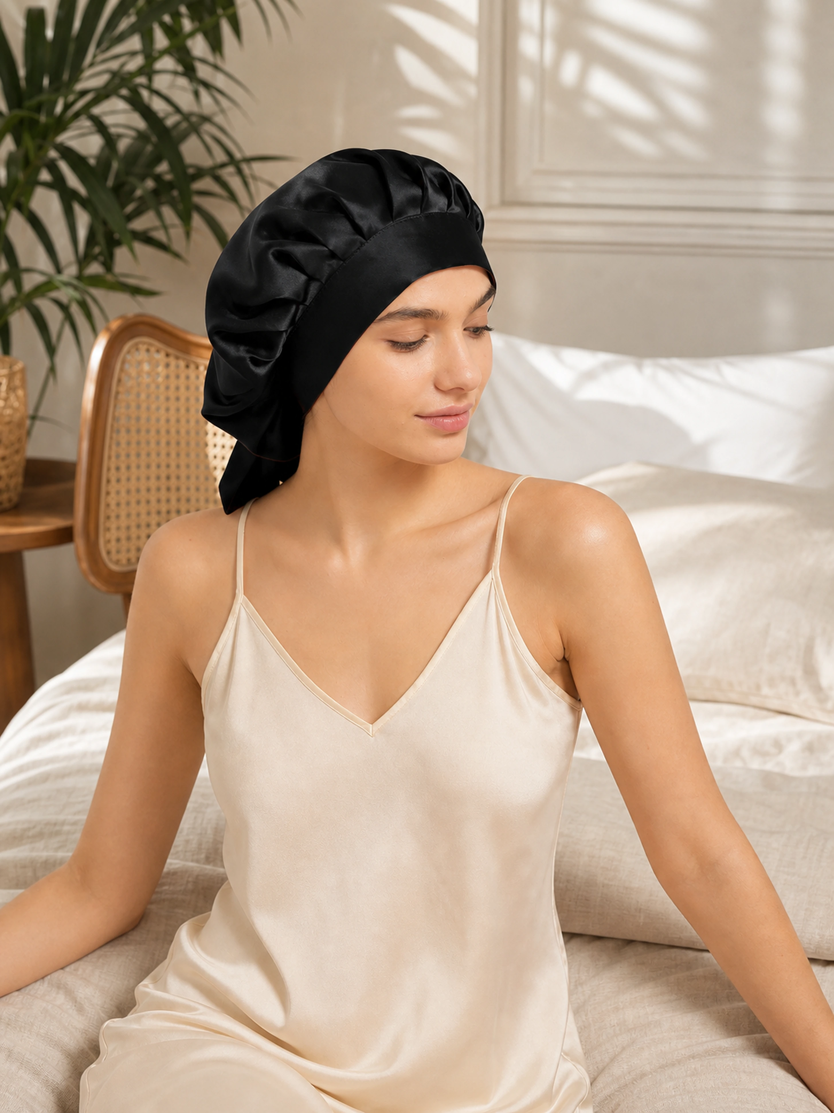 Muriersilk Back-Tie Silk Bonnet - SilkTie — lifestyle product shot — premium mulberry silk