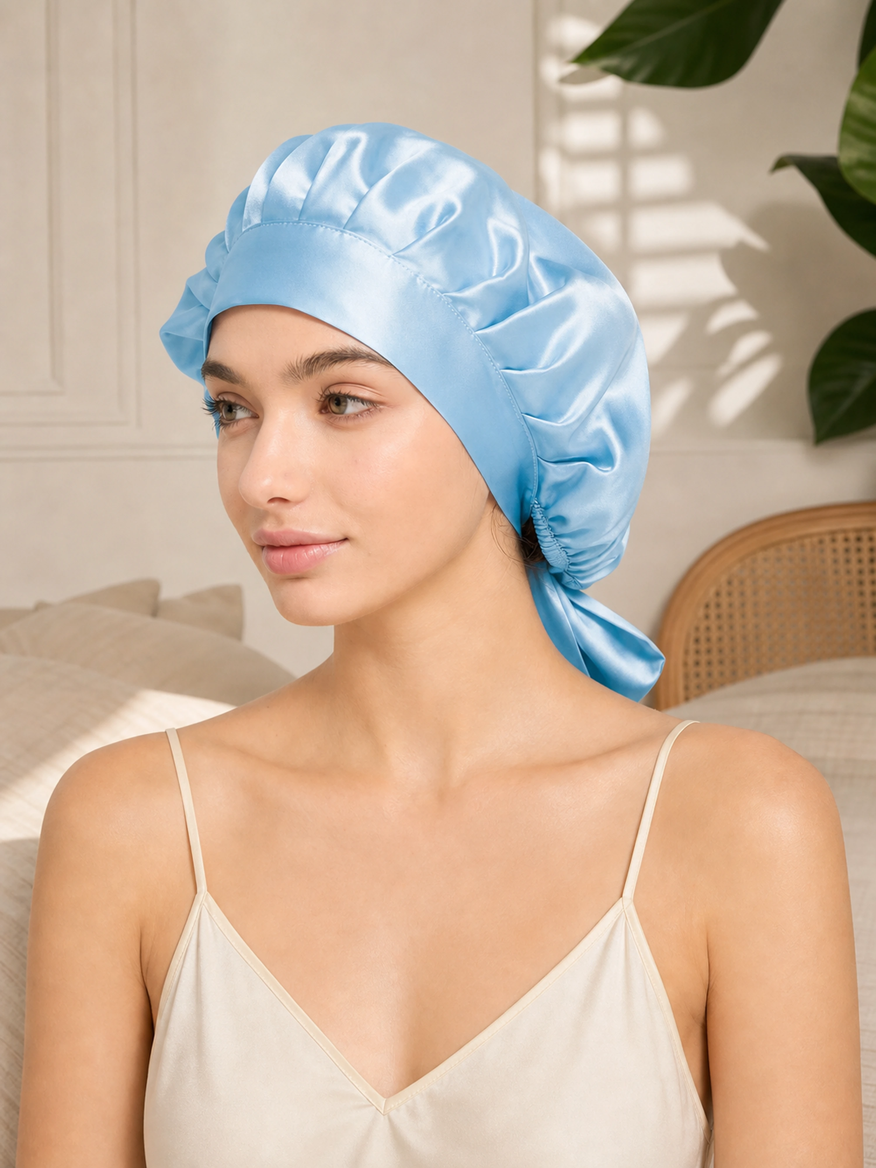 Muriersilk Back-Tie Silk Bonnet - SilkTie — lifestyle shot — premium mulberry silk