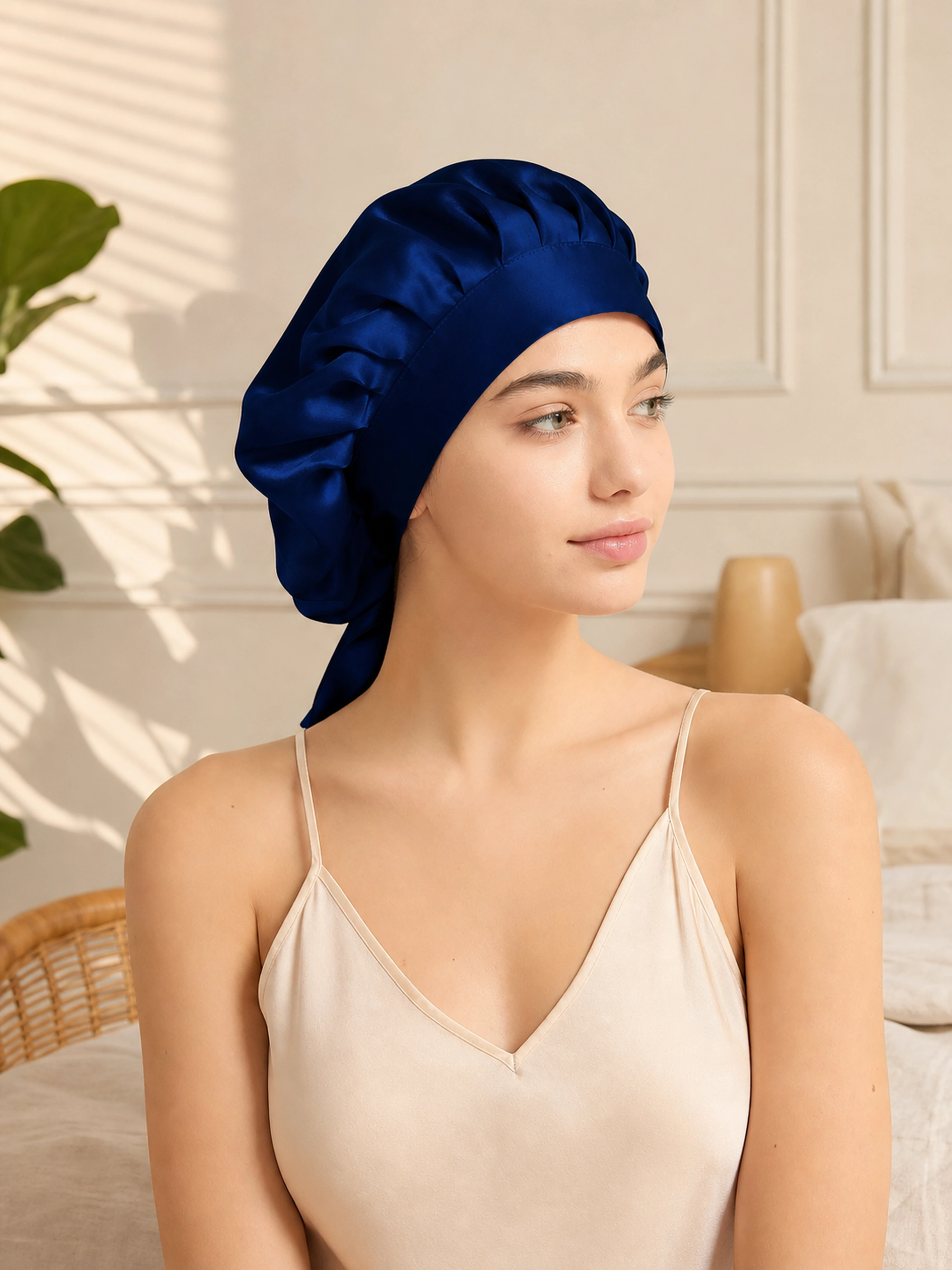 Muriersilk Back-Tie Silk Bonnet - SilkTie — model wearing it — premium mulberry silk