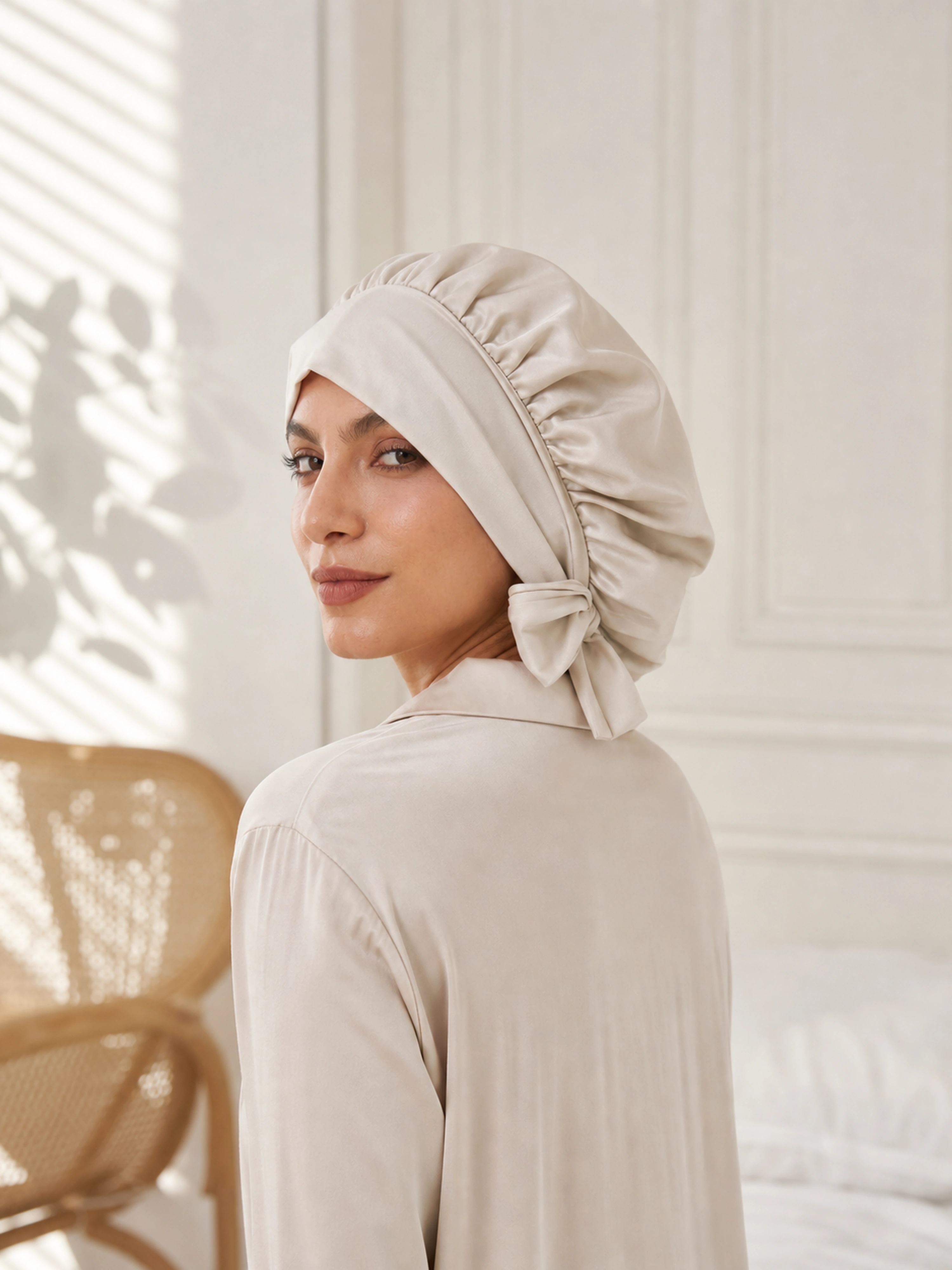 Muriersilk Long-Tie Silk Bonnet - BowTie — styled view — premium mulberry silk for everyday luxury