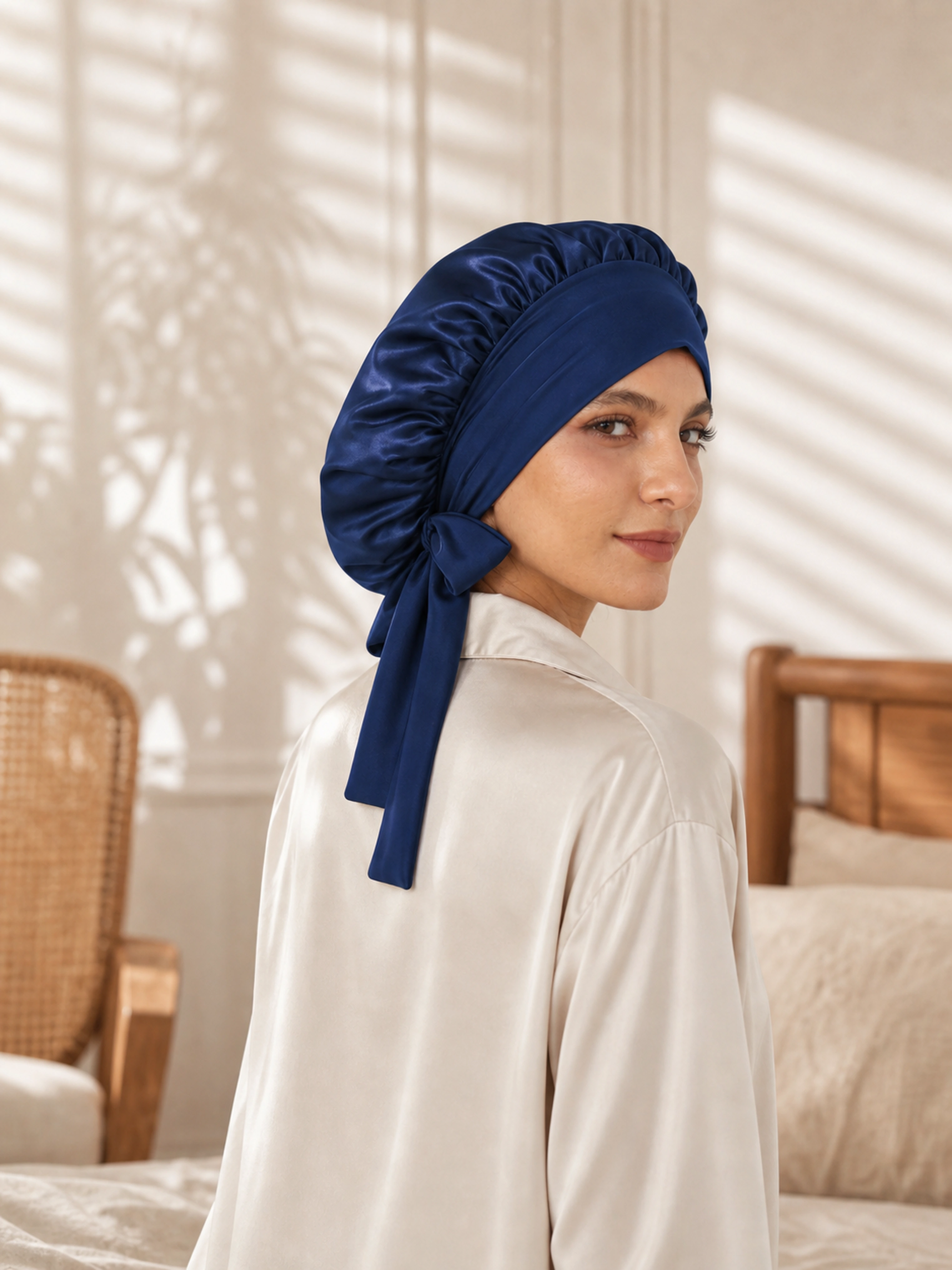 Muriersilk Long-Tie Silk Bonnet - BowTie — lined interior — premium mulberry silk
