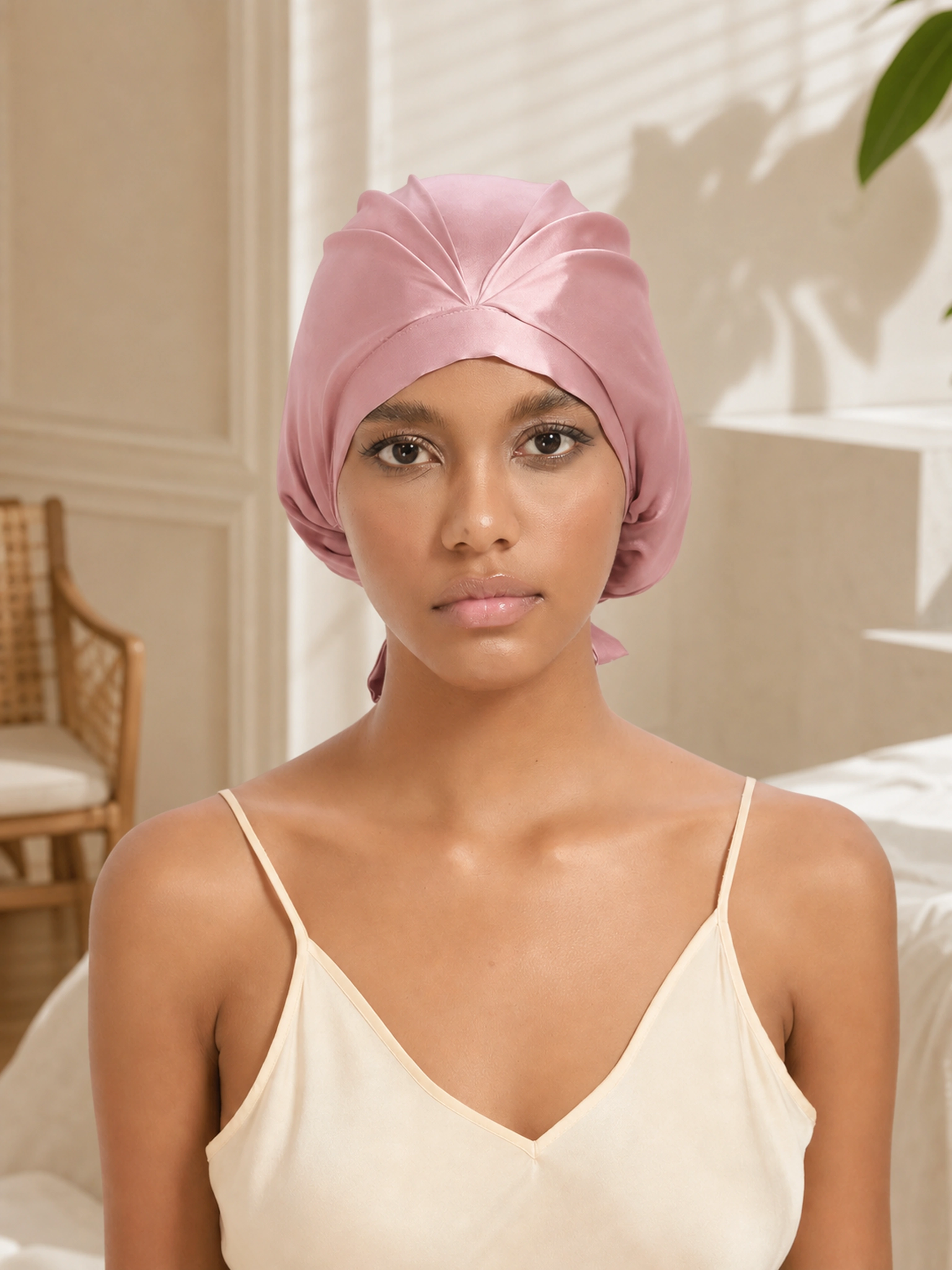Muriersilk Tie-Back Silk Turban - KnotTie — model wearing it — premium mulberry silk