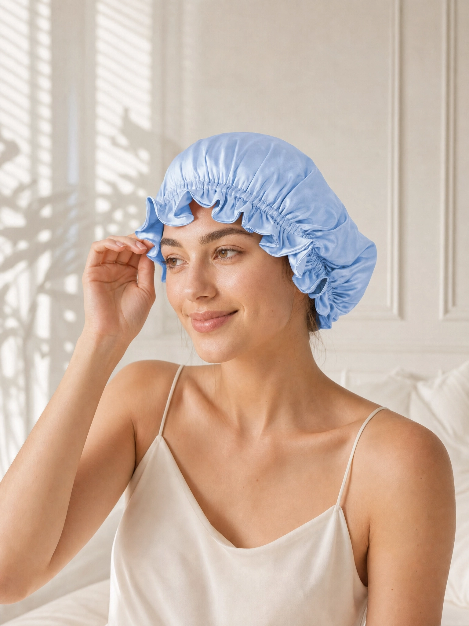 Muriersilk Ruffled Reversible Silk Bonnet - SilkRuffle — open view — premium mulberry silk