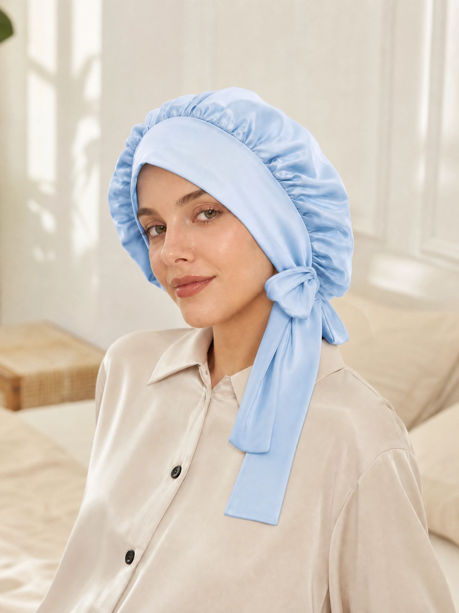 Muriersilk Long-Tie Silk Bonnet - BowTie — lifestyle shot — premium mulberry silk