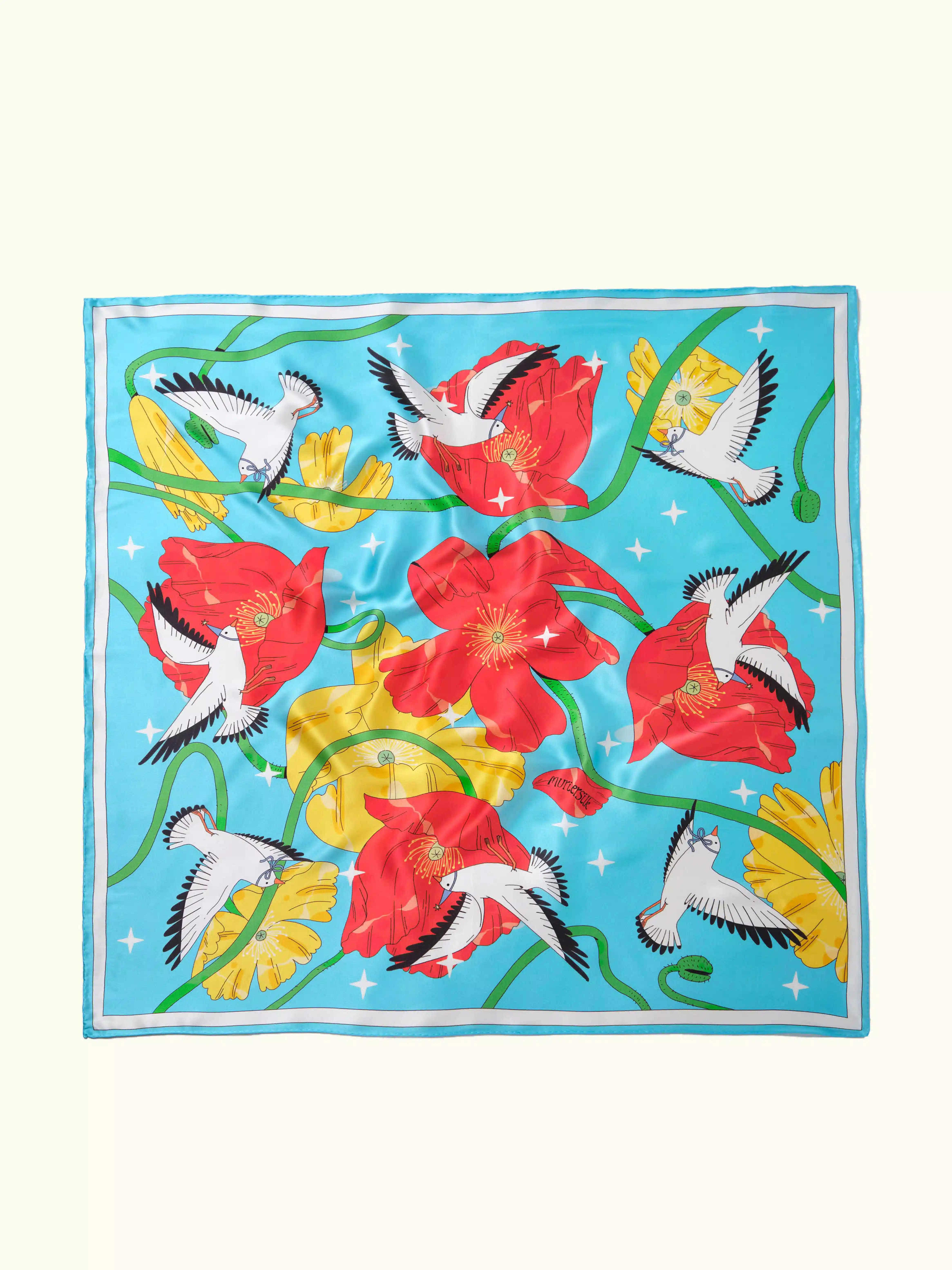 Bird and Poppy Silk Crepe Satin Scarf-Turquoise/Red
