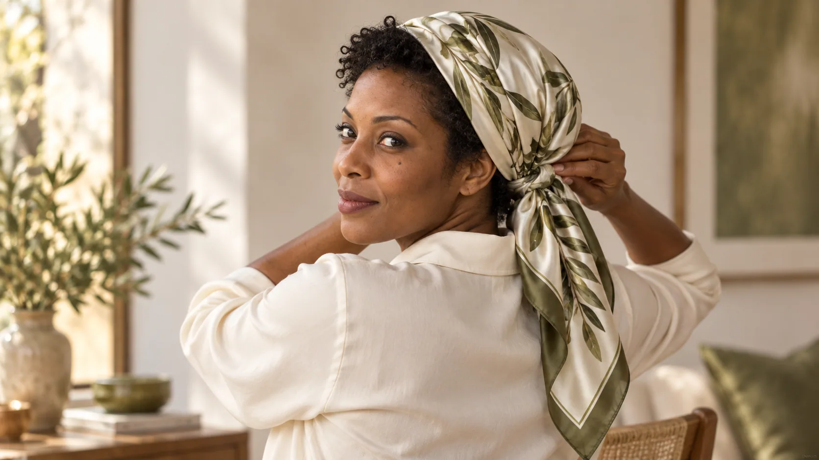 Model tying an ivory botanical silk hair scarf