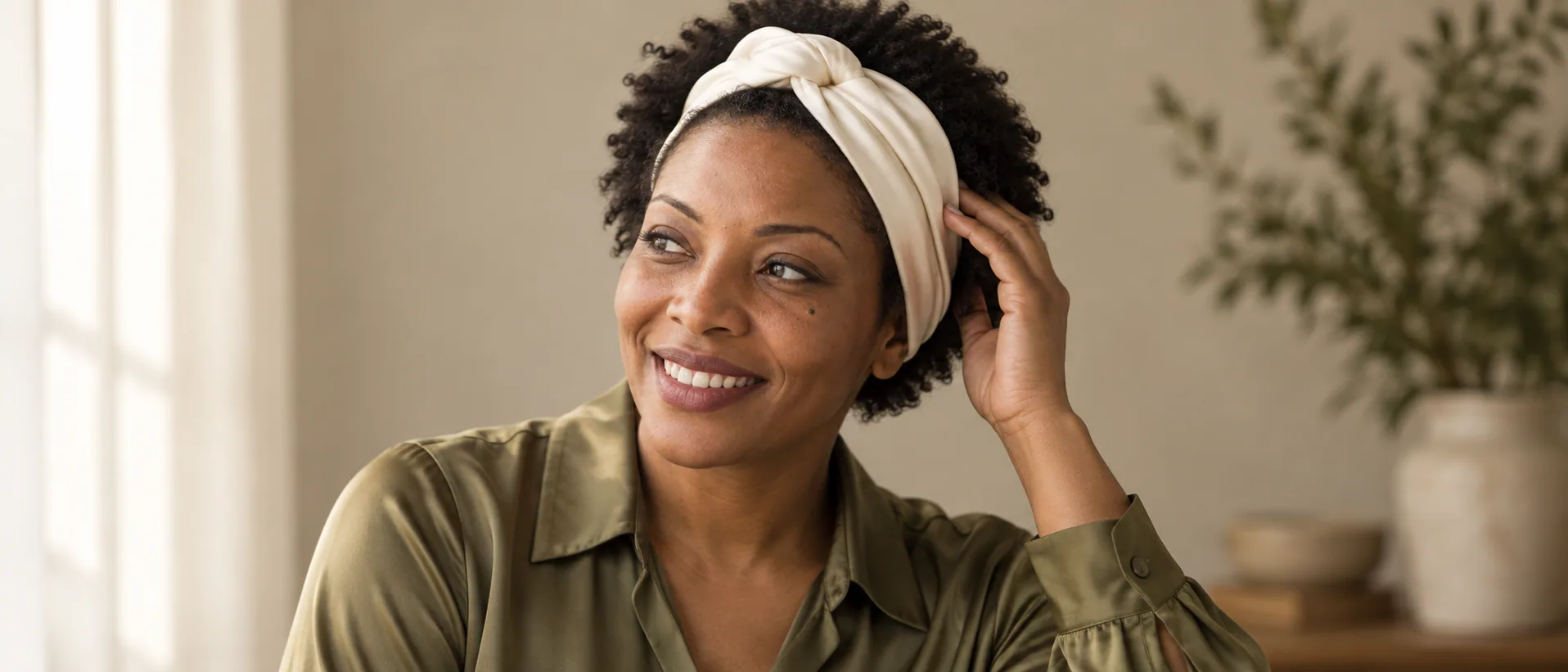Model wearing an ivory silk headband