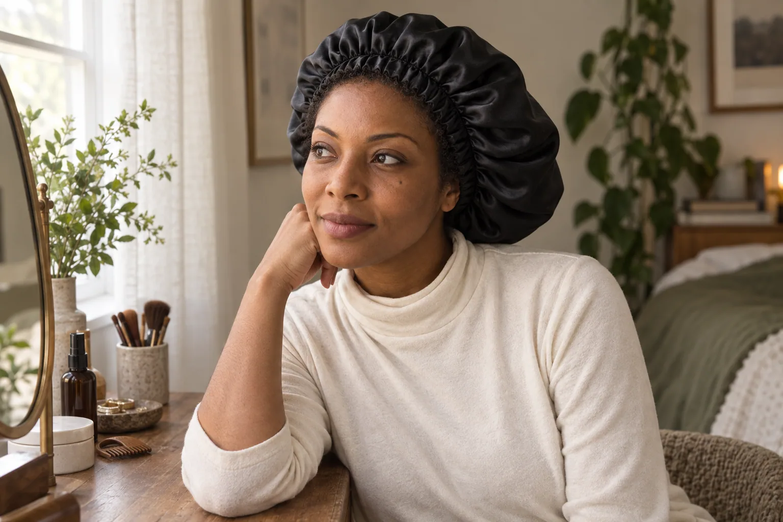 Model wearing a black silk bonnet