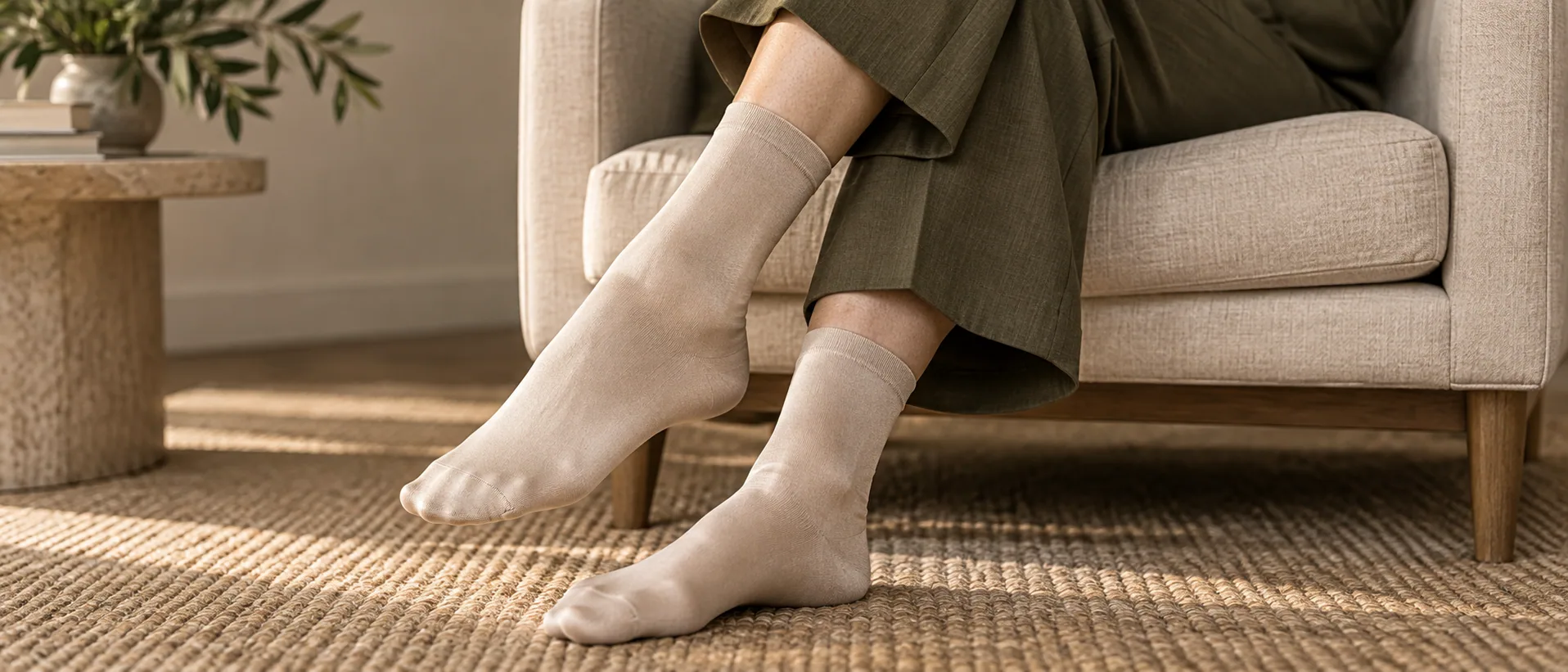 Model wearing champagne silk socks